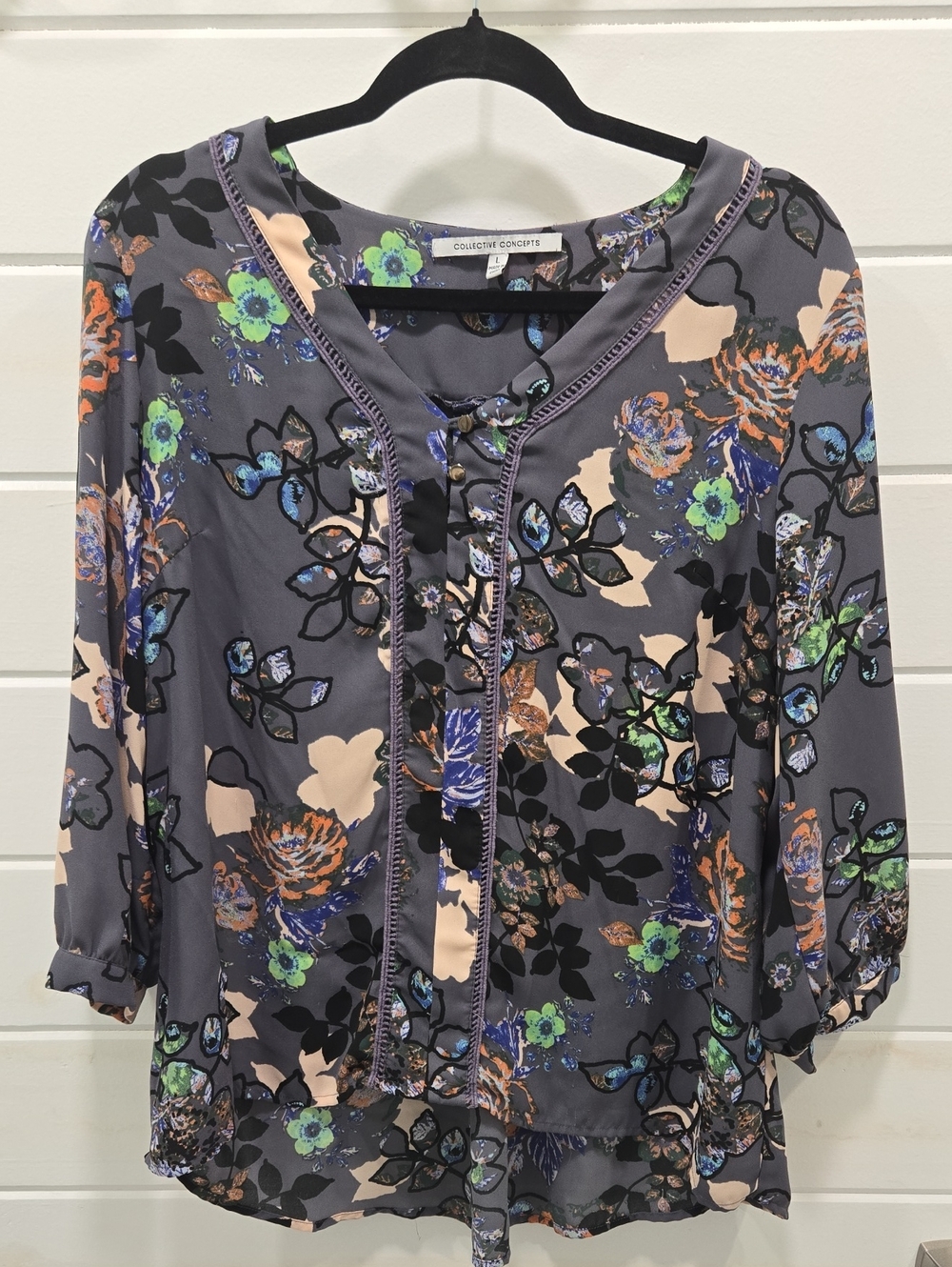 Collective Concepts Charcoal Gray Floral Tie-Neck Blouse